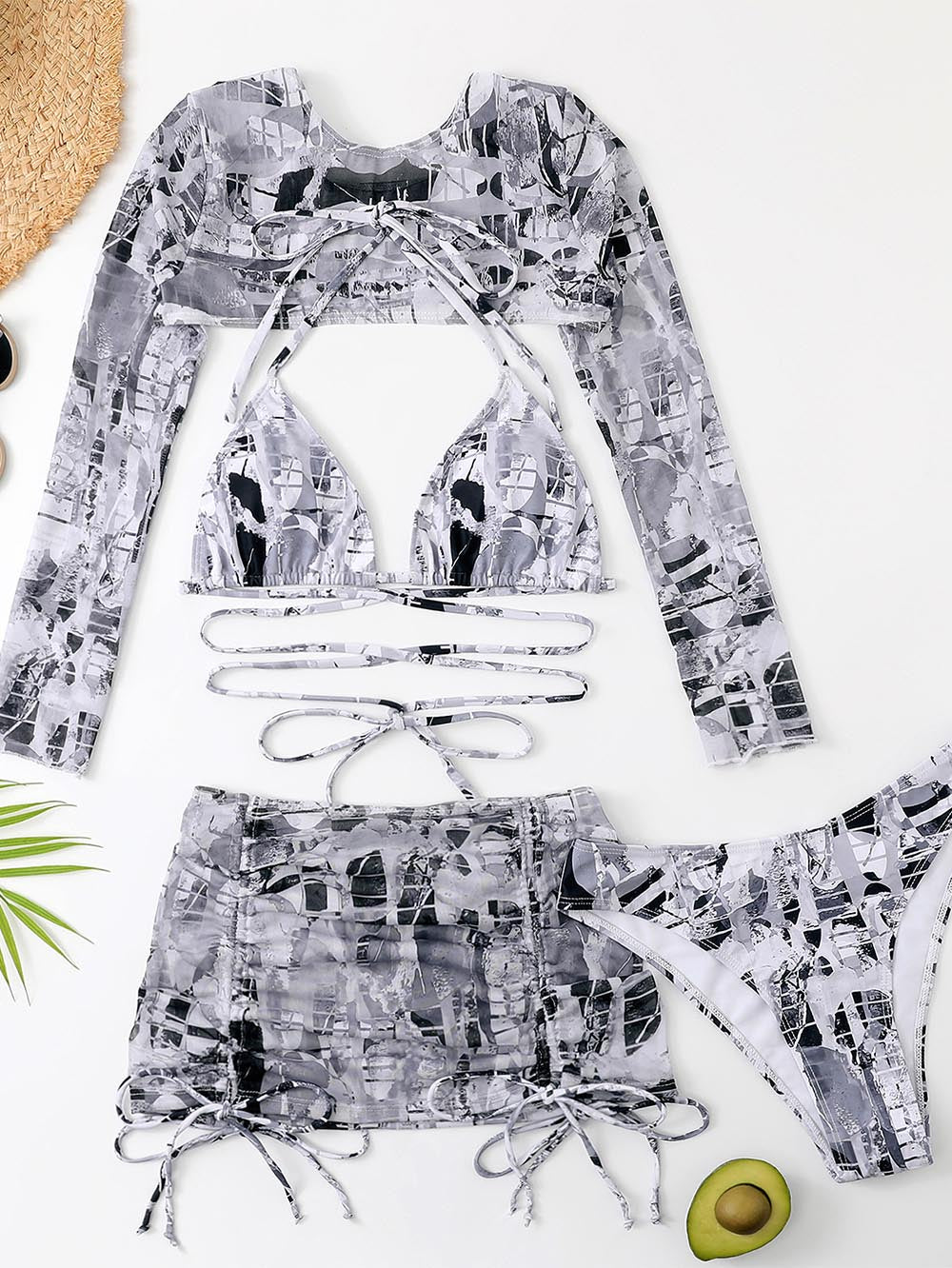 High-Waisted Drawstring Printed Three-Piece Long-Sleeve Swimsuit | ZAKAPOP