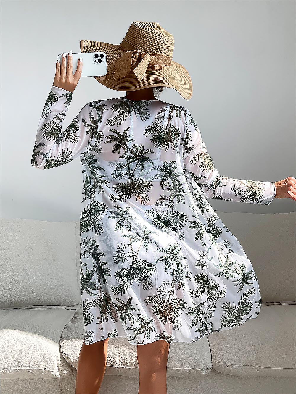 Women's Coconut Tree Print Three-Piece Set Swimsuit with Long-Sleeve Ins Hoodie | ZAKAPOP