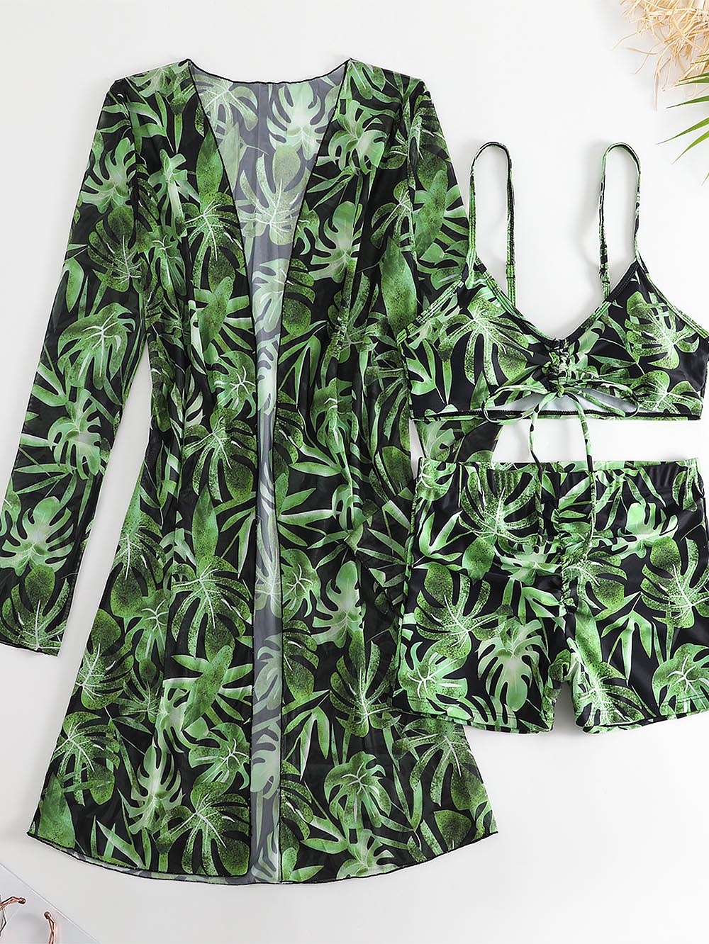 Women's Coconut Tree Print Three-Piece Set Swimsuit with Long-Sleeve Ins Hoodie | ZAKAPOP