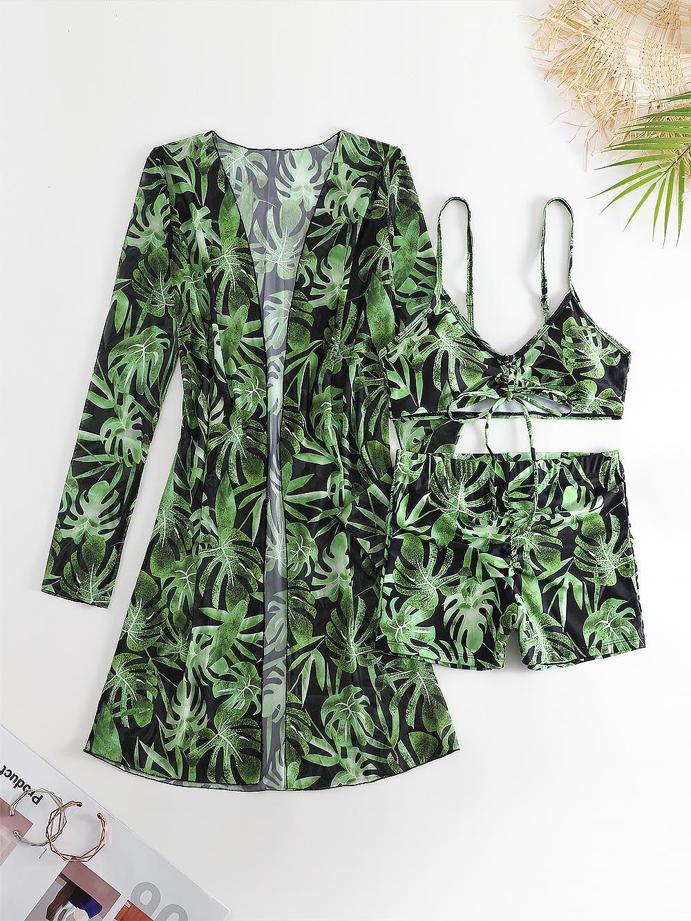 Women's Coconut Tree Print Three-Piece Set Swimsuit with Long-Sleeve Ins Hoodie | ZAKAPOP