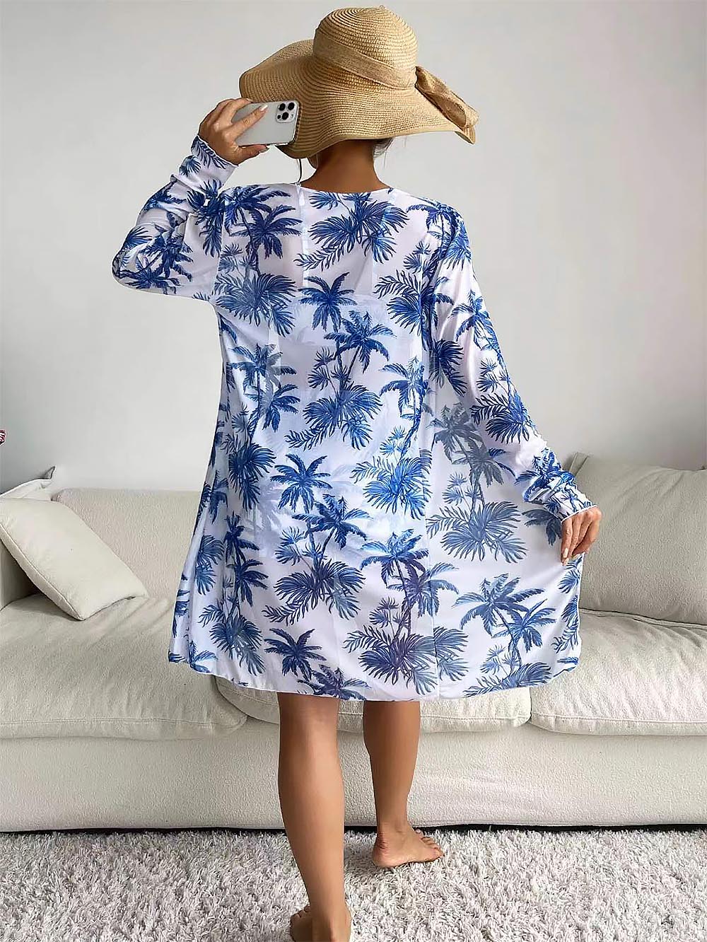 Women's Coconut Tree Print Three-Piece Set Swimsuit with Long-Sleeve Ins Hoodie | ZAKAPOP