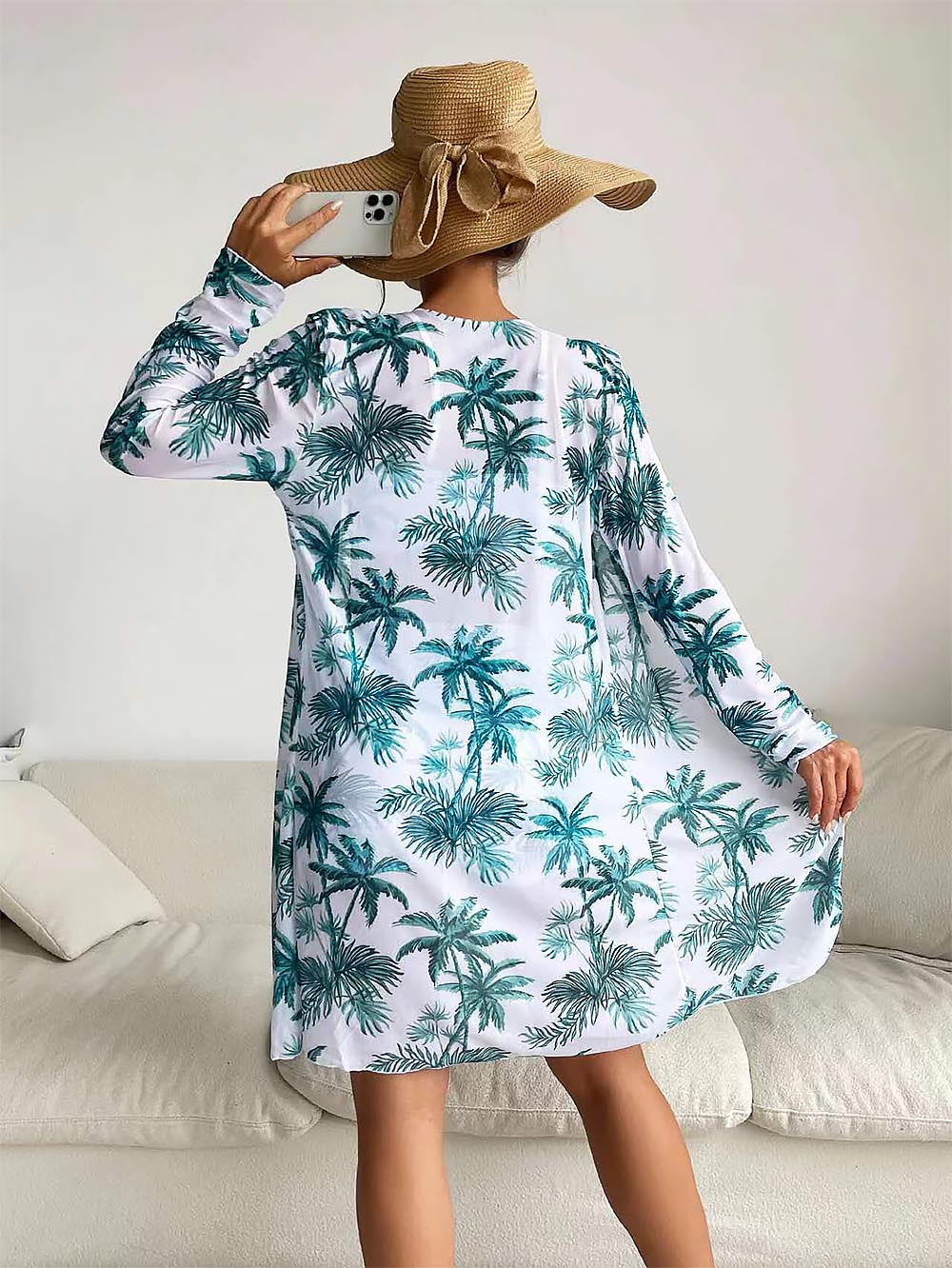 Women's Coconut Tree Print Three-Piece Set Swimsuit with Long-Sleeve Ins Hoodie | ZAKAPOP