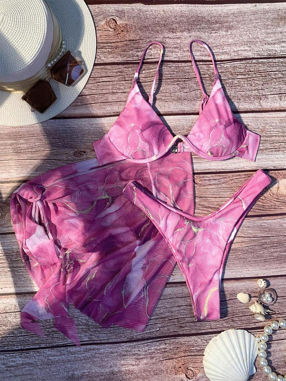 Marble Print Underwire Swimsuit With Beach Skirt | ZAKAPOP