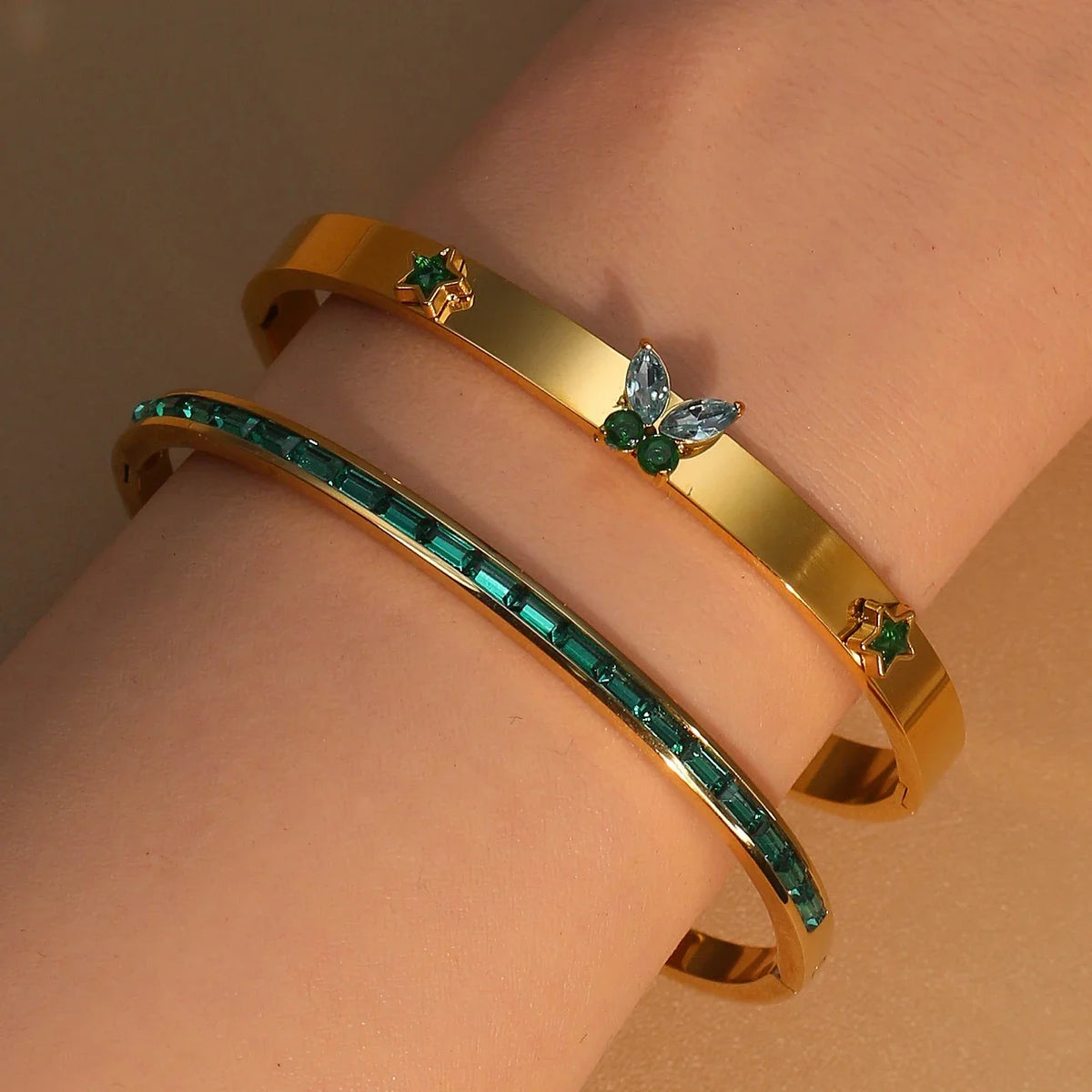 Stainless Steel Green Crystal Gold Color Bracelet