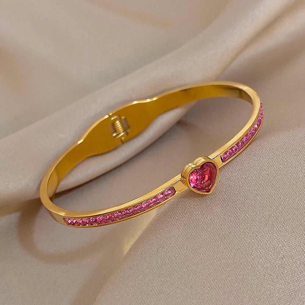 Pink Rhinestone Heart Charm Bracelet
