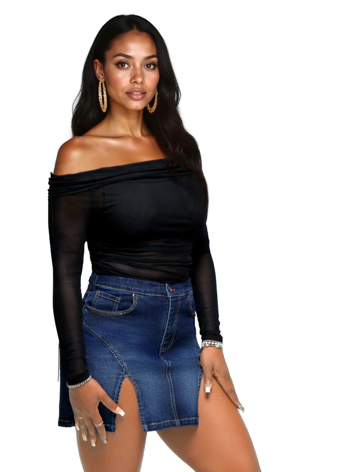 Off Shoulder Mesh Top - Black